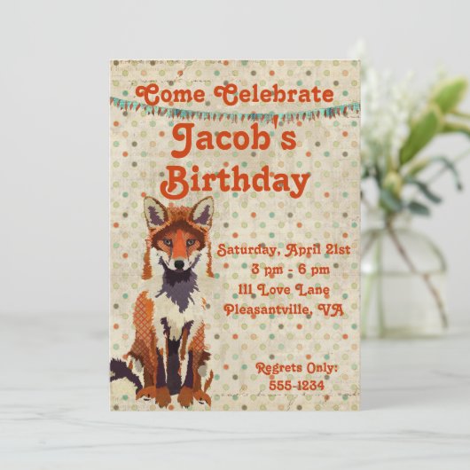 Retro Red Fox Birthday Uitnodiging (Staand voorkant)