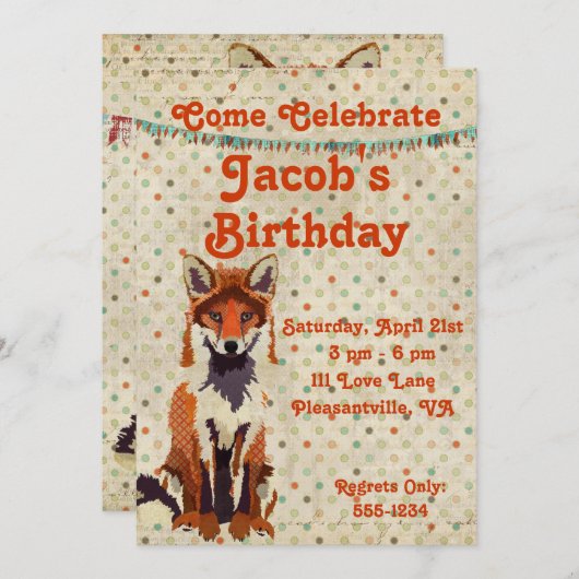 Retro Red Fox Birthday Uitnodiging (Voorkant / Achterkant)