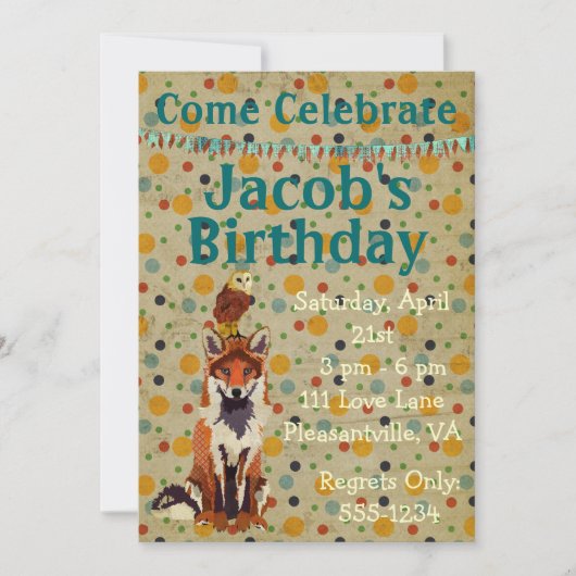 Retro Red Fox & Owl Birthday Invitation Kaart (Voorkant)