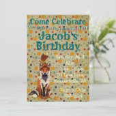 Retro Red Fox & Owl Birthday Invitation Kaart (Staand voorkant)