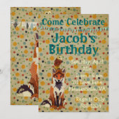 Retro Red Fox & Owl Birthday Invitation Kaart (Voorkant / Achterkant)