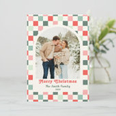 Retro Red Green Checkerboard Photo Arch Christmas Feestdagenkaart (Staand voorkant)