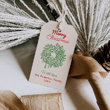 Retro Red Green Drawn Bows Wreath Merry Christmas