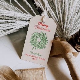 Retro Red Green Drawn Bows Wreath Merry Christmas Cadeaulabel