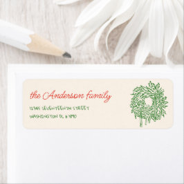 Retro Red Green Hand Drawn Bow Wreath Christmas Etiket