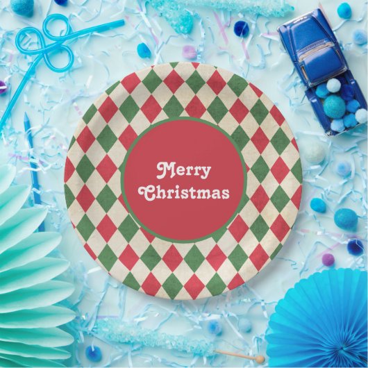 Retro Red Green Harlequin Holiday Papieren Bordje (Feest)