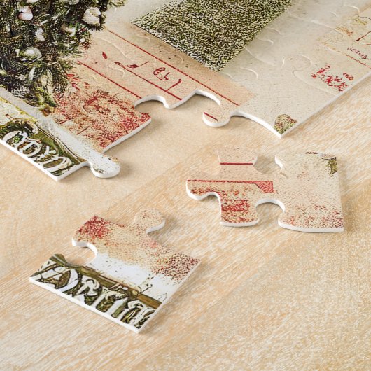 Retro Red Green Holly kerstfeestdag Legpuzzel (Zijkant)