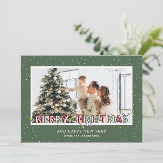 Retro Red Green Licht Sneeuwfoto met kerstkaarten Feestdagenkaart (Staand voorkant)