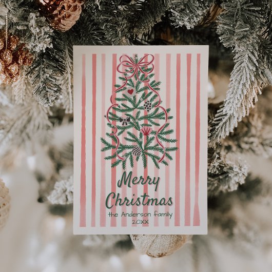 Retro Red Green Ribbons Tree Kerstmis niet-foto Feestdagenkaart