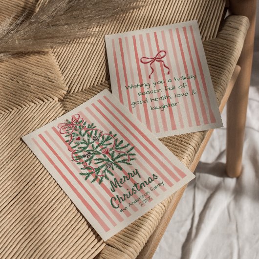 Retro Red Green Ribbons Tree Kerstmis niet-foto Feestdagenkaart