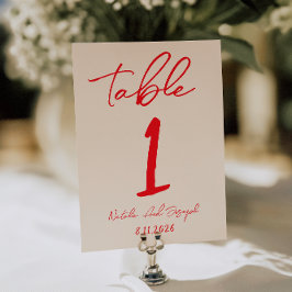 Retro Red Hand Written Wedding Table Number Kaart