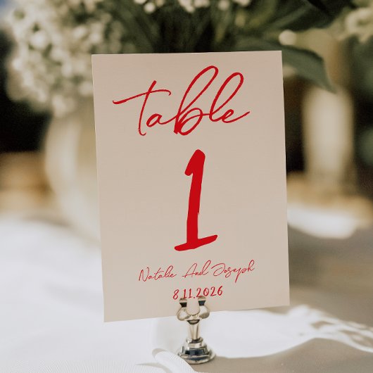 Retro Red Hand Written Wedding Table Number Kaart