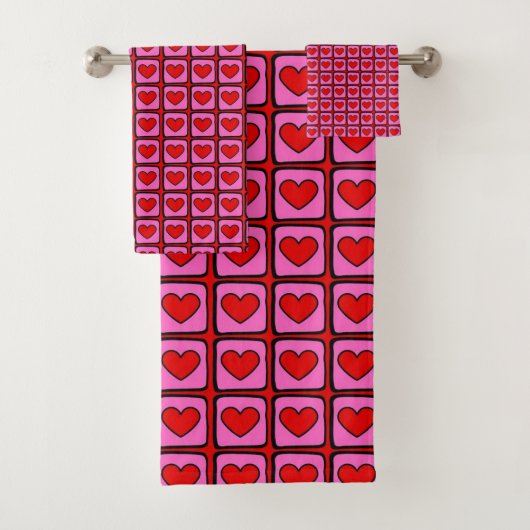 Retro Red Heart Check Patroon Chic & Stijlvol Bad Handdoek (Insitu)