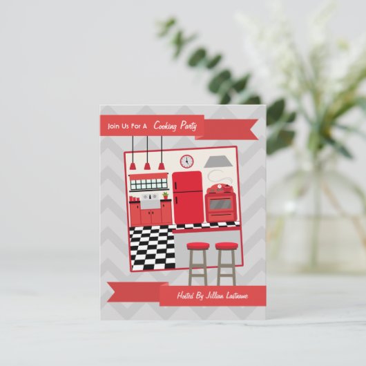 Retro Red Kitchen Kooking Party nodigt uit Kaart (Staand voorkant)