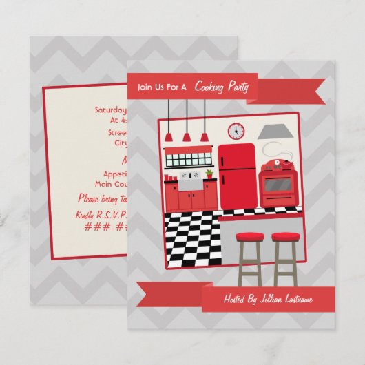 Retro Red Kitchen Kooking Party nodigt uit Kaart (Voorkant / Achterkant)