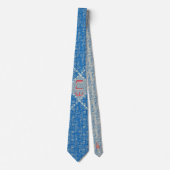 Retro Red Monogram op Bright Blue & Ivory Hatch Stropdas (Voorkant)