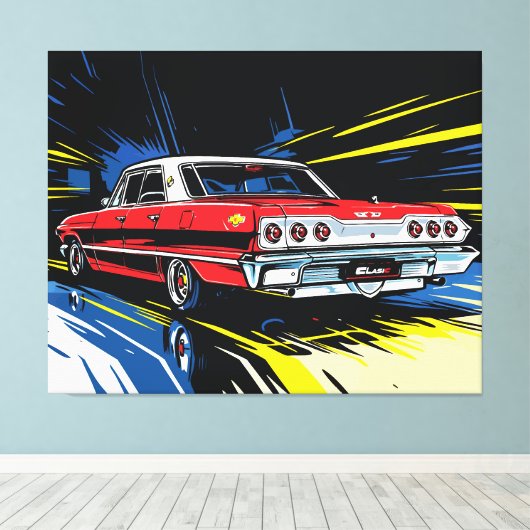 Retro Red Muscle Car Side Pop Art Illustration Canvas Afdruk (Insitu (Houten vloer))