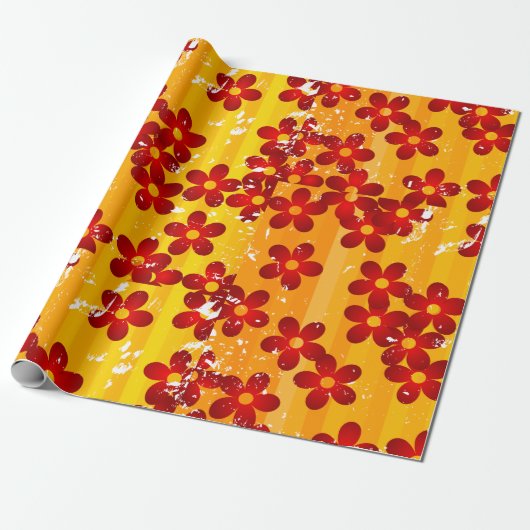 Retro Red Oranje Floral Cadeaupapier (Uitgerold)