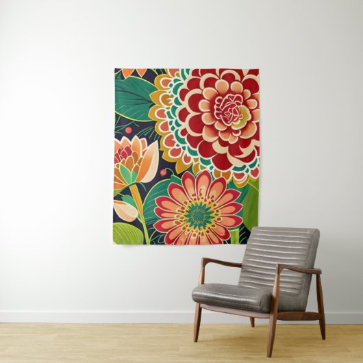 Retro Red, Oranje, Green Floral, Boho, Hippie Wandkleed (In situ)