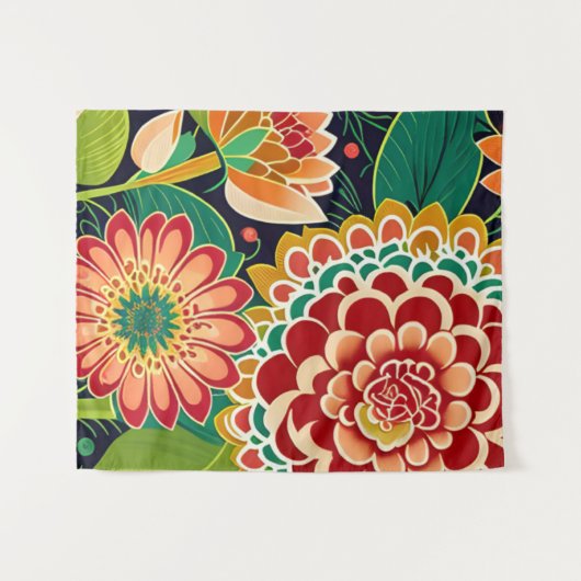 Retro Red, Oranje, Green Floral, Boho, Hippie Wandkleed (Voorkant (horizontaal))