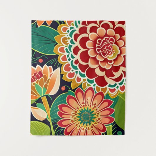 Retro Red, Oranje, Green Floral, Boho, Hippie Wandkleed (Voorkant)