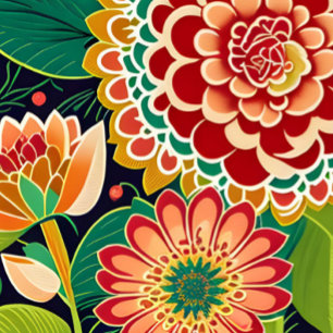 Retro Red, Oranje, Green Floral, Boho, Hippie Wandkleed