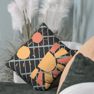 Retro red oranje Sunset op blauw zwart-wit raster Kussen