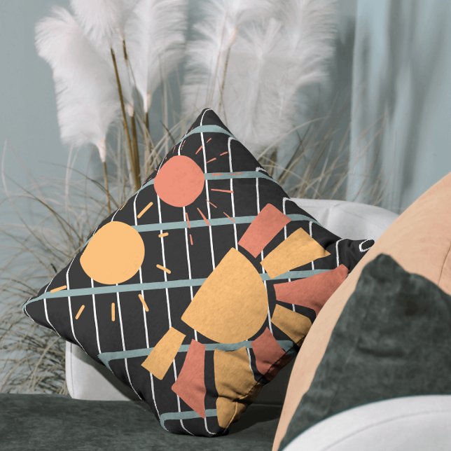 Retro red oranje Sunset op blauw zwart-wit raster Kussen (Creator heeft geüpload)