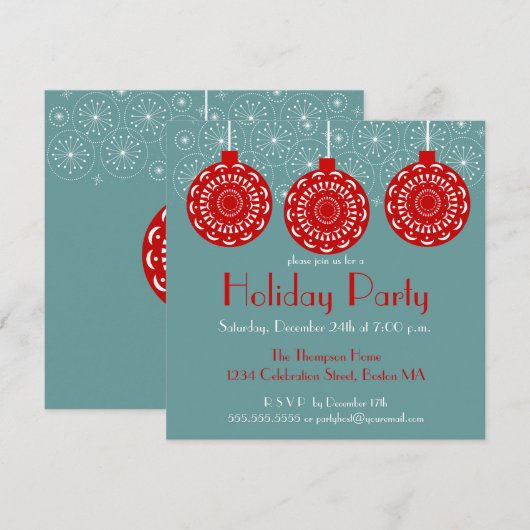 Retro Red Ornament Holiday Party Uitnodiging (Voorkant / Achterkant)