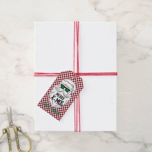 Retro Red Pink Checkered Santa Claus Christmas Cadeaulabel (Met Touw)