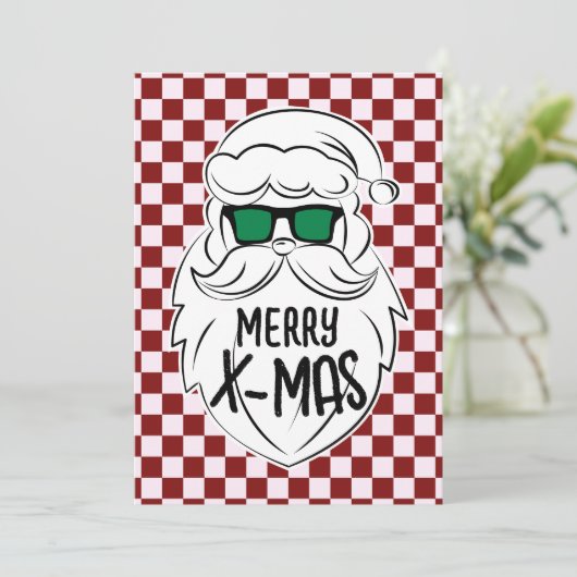 Retro Red Pink Checkered Santa Claus Christmas  Feestdagenkaart (Staand voorkant)