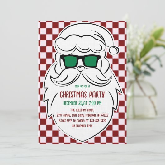 Retro Red Pink Checkered Santa Claus Christmas  Kaart (Staand voorkant)