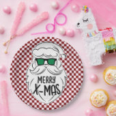 Retro Red Pink Checkered Santa Claus Christmas Papieren Bordje (Feest)