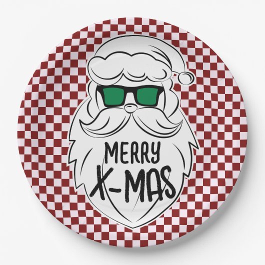 Retro Red Pink Checkered Santa Claus Christmas Papieren Bordje (Voorkant)
