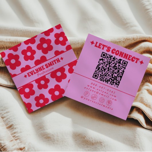 Retro Red Pink QR Code Groovy Floral Girly Trendy  Vierkante Visitekaartje