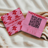 Retro Red Pink QR Code Groovy Floral Girly Trendy Vierkante Visitekaartje