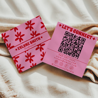Retro Red Pink QR Code Groovy Floral Girly Trendy Vierkante Visitekaartje