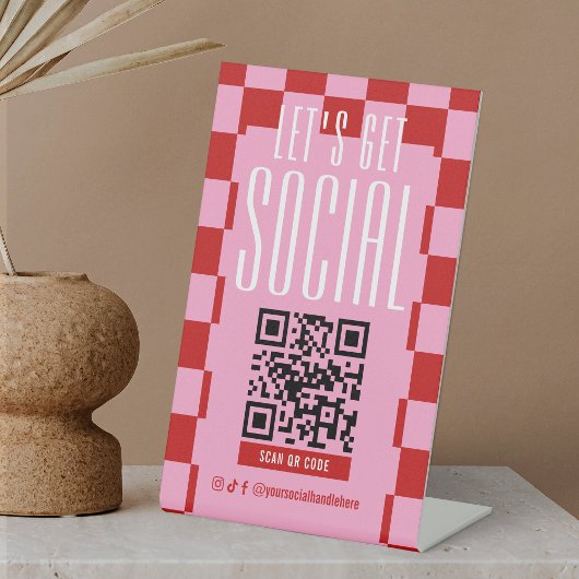Retro Red & Pink Social Media Scannable QR Code Reclamebord Met Voetstuk