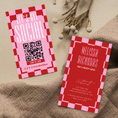 Retro Red & Pink Social Media Scannable QR Code Visitekaartje