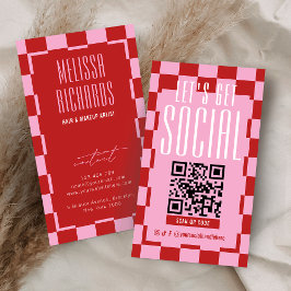 Retro Red & Pink Social Media Scannable QR Code Visitekaartje