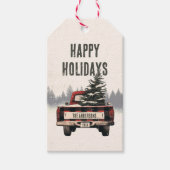 Retro Red Plaid Kersttruck Aangepaste Familienaam Cadeaulabel (Voorkant)