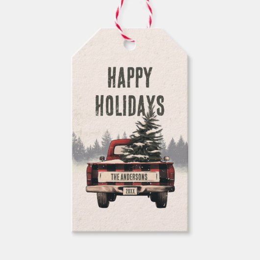 Retro Red Plaid Kersttruck Aangepaste Familienaam Cadeaulabel (Voorkant)