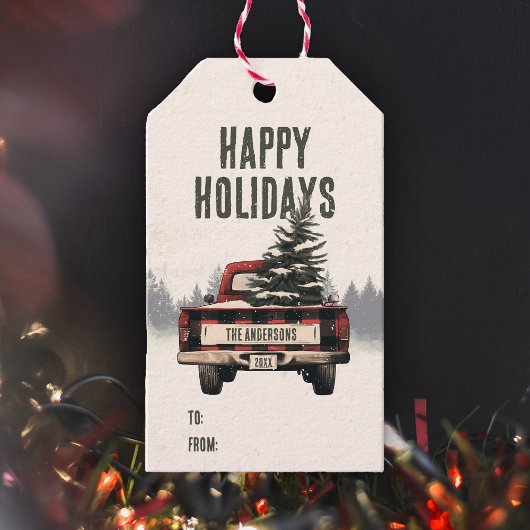 Retro Red Plaid Kersttruck Aangepaste Familienaam Cadeaulabel