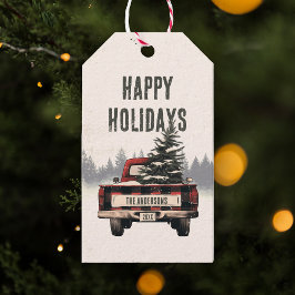 Retro Red Plaid Kersttruck Aangepaste Familienaam Cadeaulabel