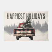Retro Red Plaid Kersttruck Aangepaste Familienaam Deurmat (Voorkant)