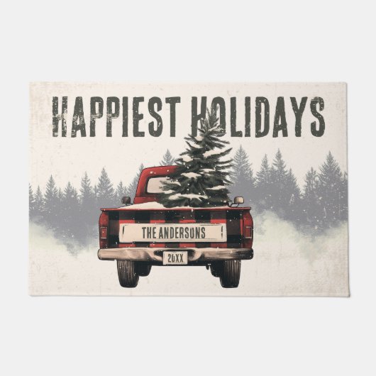 Retro Red Plaid Kersttruck Aangepaste Familienaam Deurmat (Voorkant)