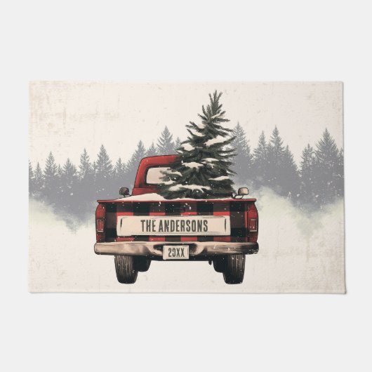 Retro Red Plaid Kersttruck Aangepaste Familienaam Deurmat (Voorkant)