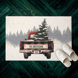 Retro Red Plaid Kersttruck Aangepaste Familienaam Deurmat