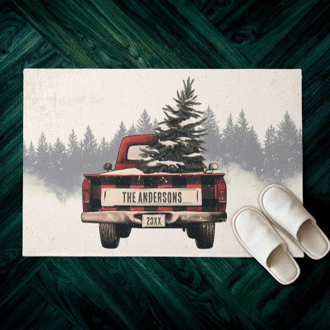 Retro Red Plaid Kersttruck Aangepaste Familienaam Deurmat (Creator heeft geüpload)