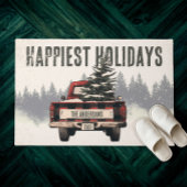 Retro Red Plaid Kersttruck Aangepaste Familienaam Deurmat